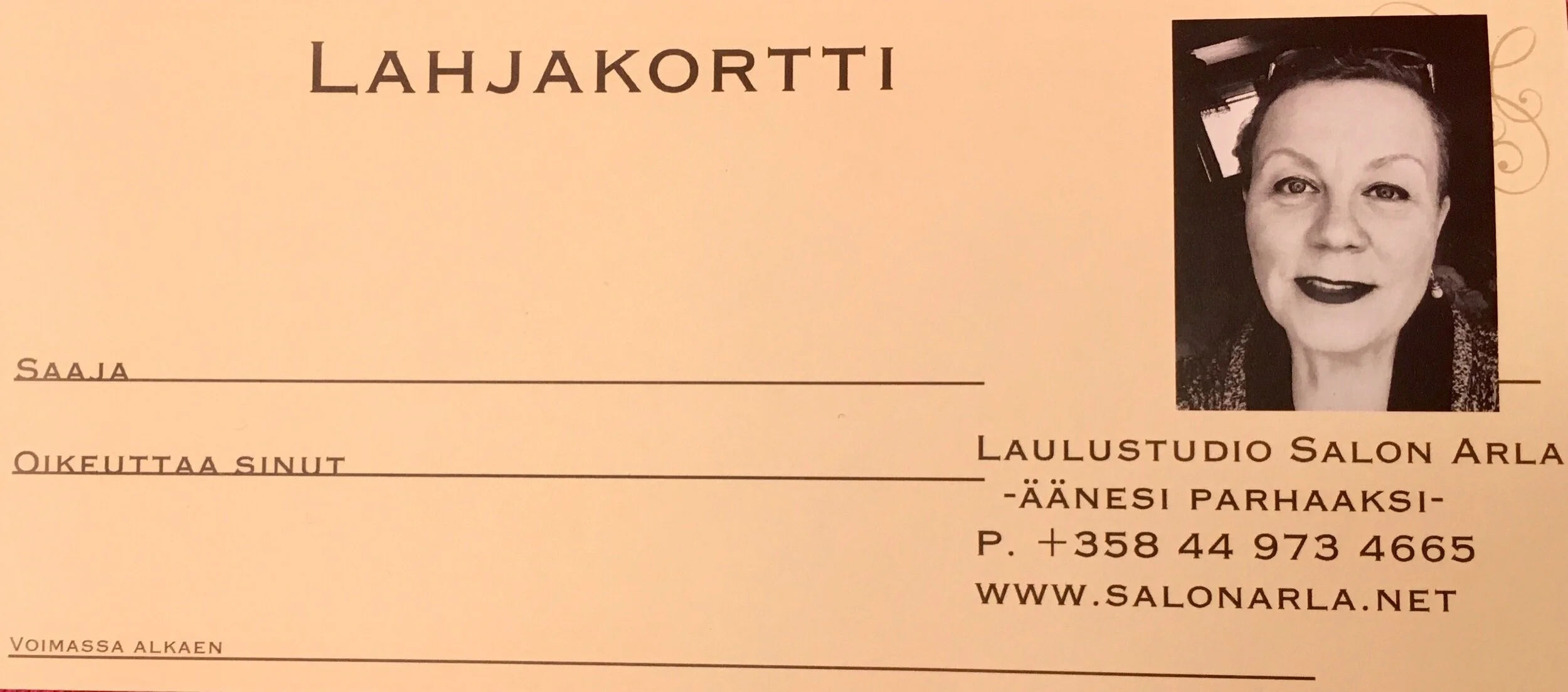Hankkimalla lahjakortin nyt autat pienyrittäjää. Kiitos kun valitsit Laulustudio Salon Arlan!