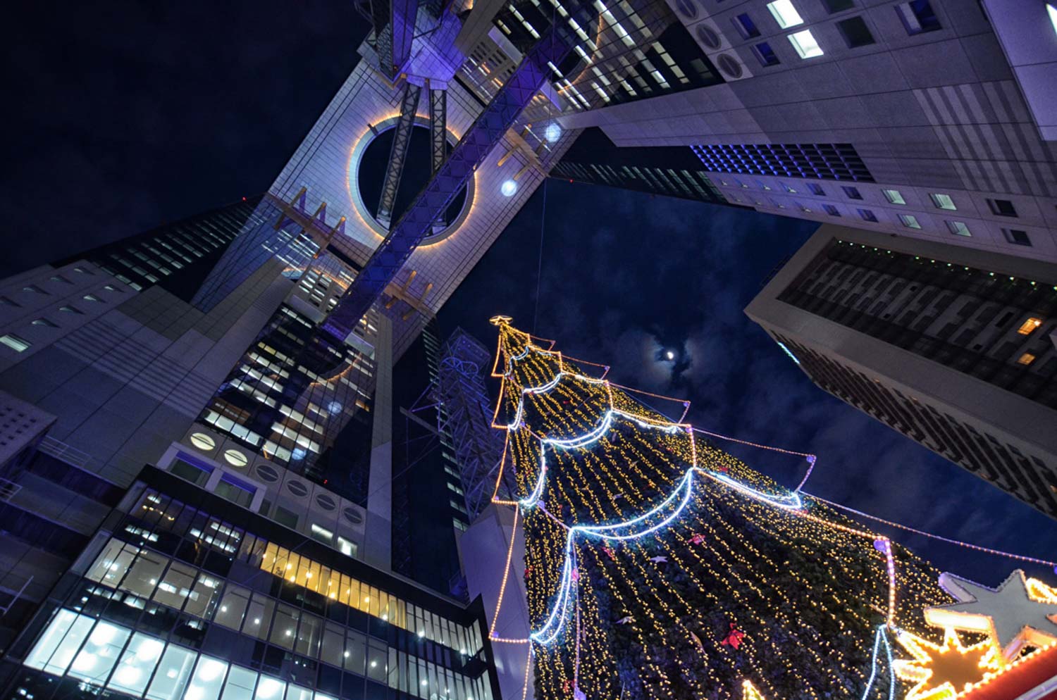  A Christmas tree beneath Osaka’s Sky Building. 