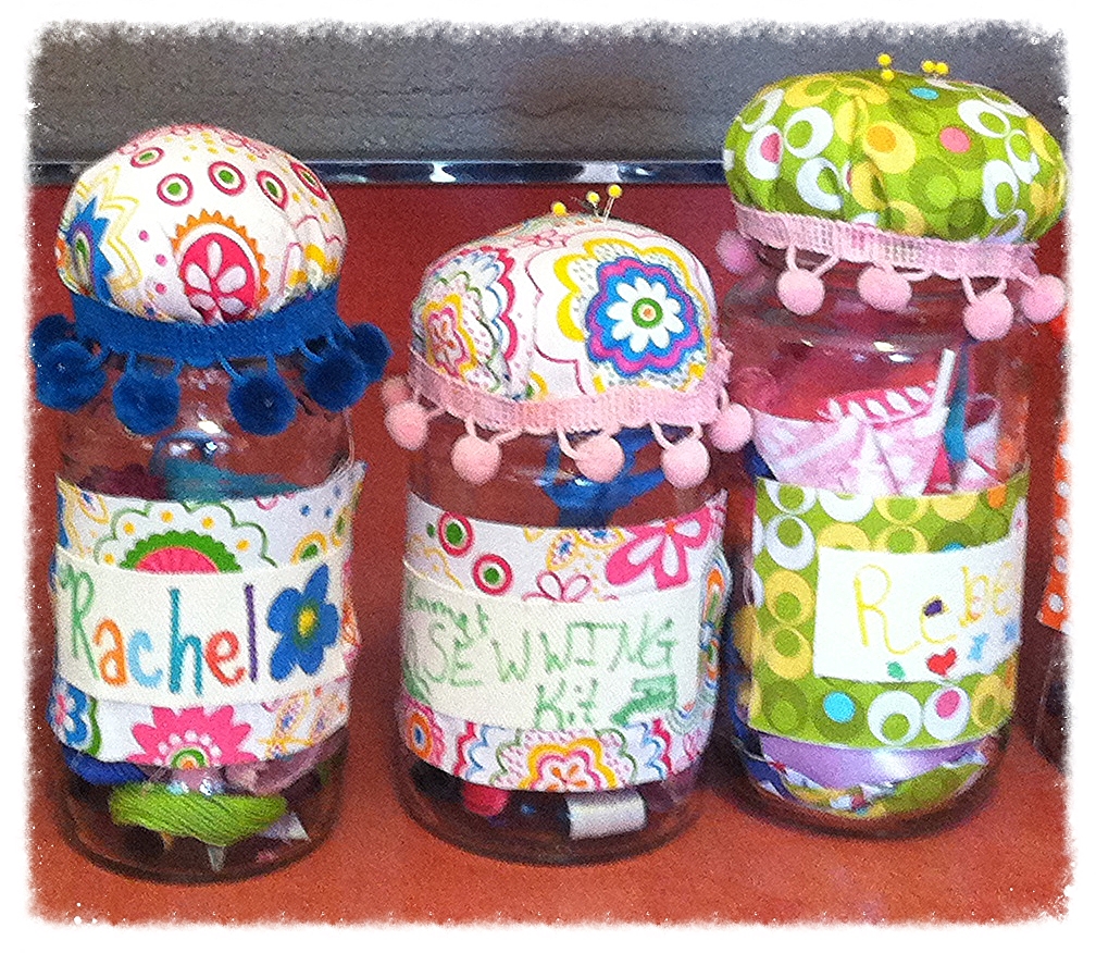 Reusing glass jars to make a sewing kit!