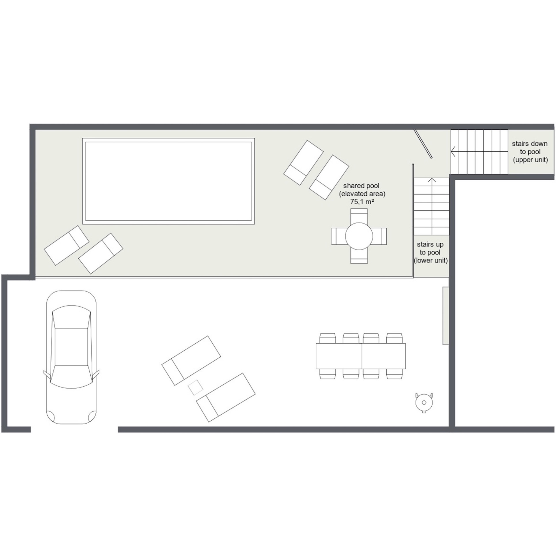 Shared pool area (grey), access to pool from each unit, and Le Cave private garden and terrace (white)