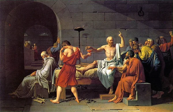 Socrates takes a final moment just before his death to remind a group of Athenians how backward they are. (Painting by Jacques-Louis David)