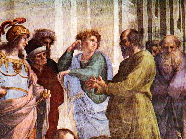 Detail from Rafael's School of Athens : Socrates trying to explain something, patiently, but knowing full well that he is smarter than the others.