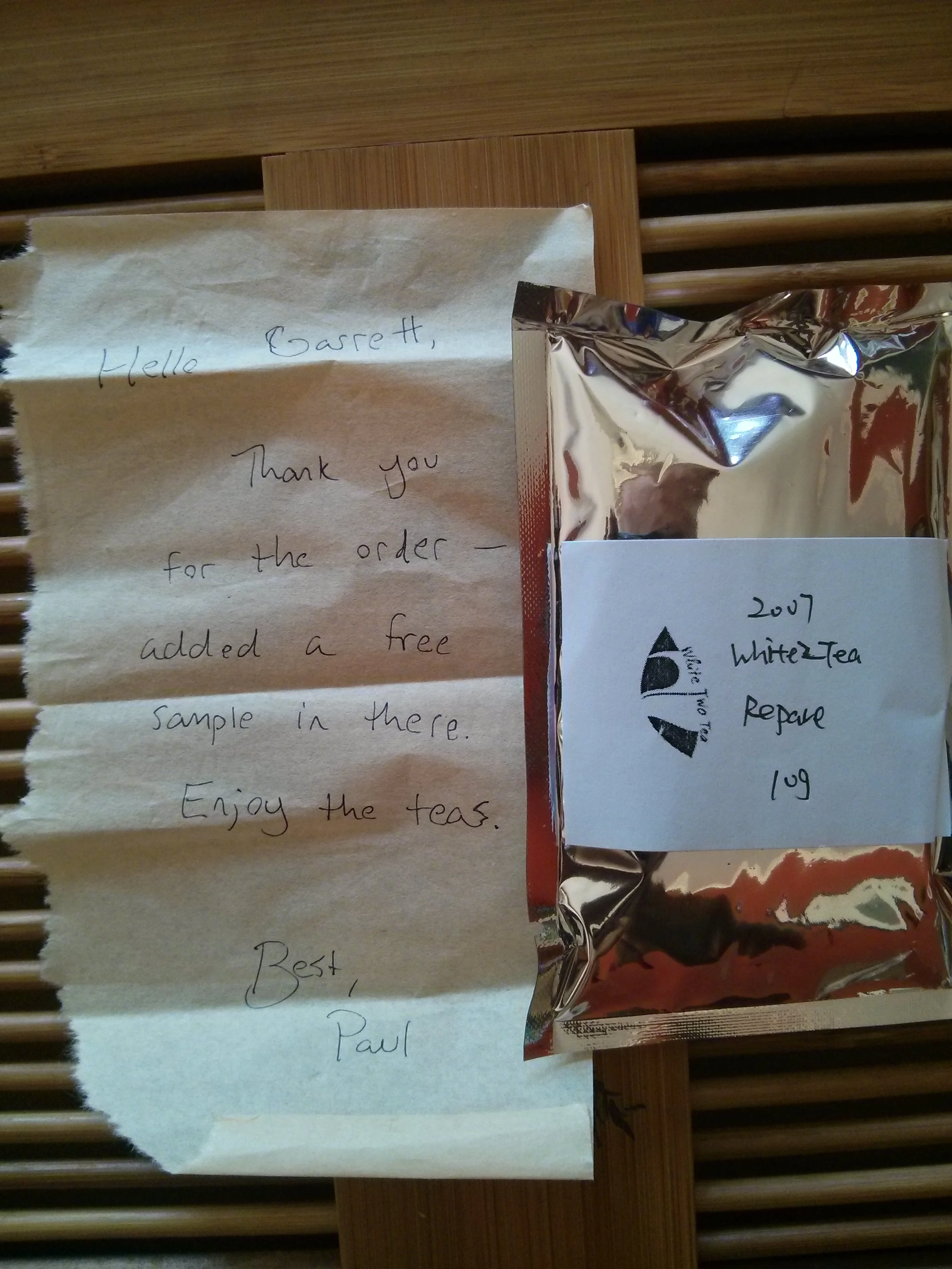 I really do enjoy notes and great customer service. The owner, presumably Paul, is also really active in the r/Tea and r/Puerh Reddit forums. I really enjoy their handpicked selection at White2Tea and was eager to try the free sample that came with my bricks of their 2002 White Whale .