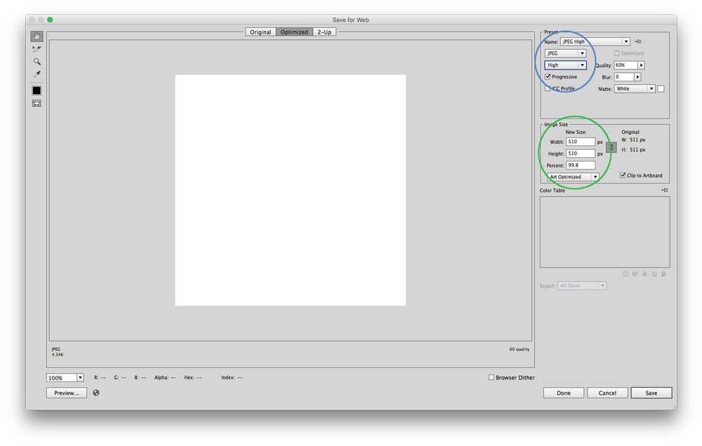  Save For Web Dialogue Window - tap to enlarge