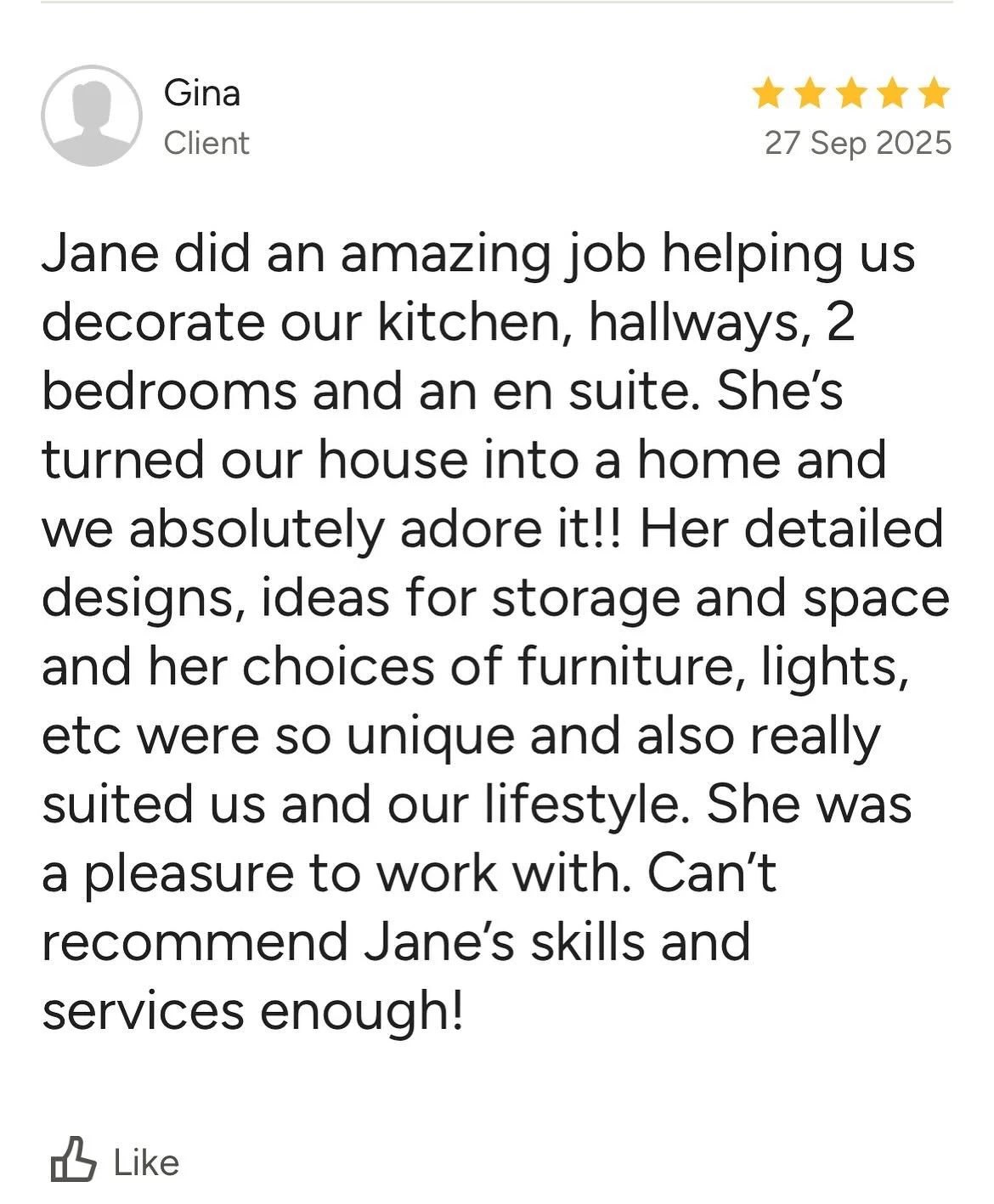 Receiving great reviews from fantastic clients is truly rewarding! I'm committed to seeing every project through from start to finish, working closely with a talented team of suppliers and craftspeople. While there may be challenges along the way, th