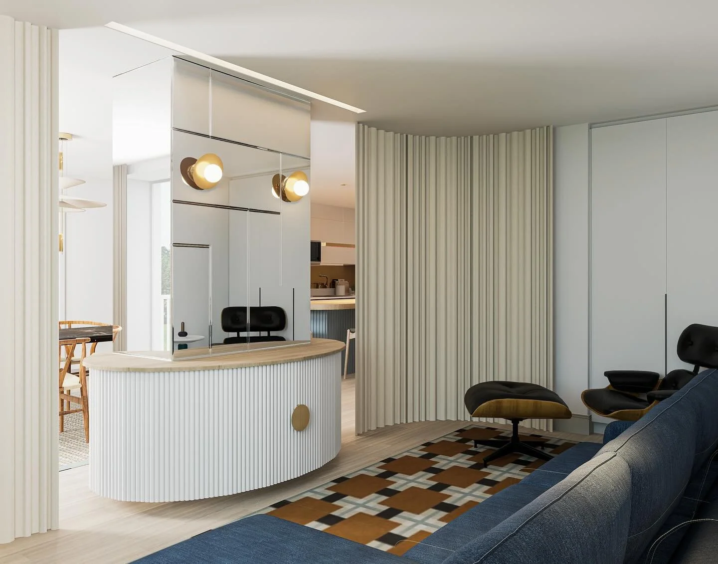 Client brief-new build apartment in D4 opened up to create a spacious and multi functional entertainment space.
Breaking into the second bedroom we proposed this dual aspect elliptical bespoke treatment to the supporting column. 
Cladding the wall in