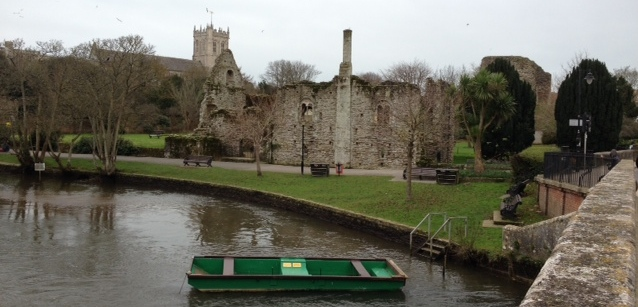 The ruins of the Great Tower of the Norman Castle with the Priory in the background - Christhchurch 