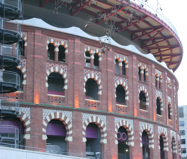 Bullfighting was banned in Catalonia 2011 and colourful bullring converted to a mall with restaurants and viewing platform on top