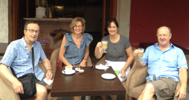 DC, Nick, Judy and DL celebrating when we found a good coffee