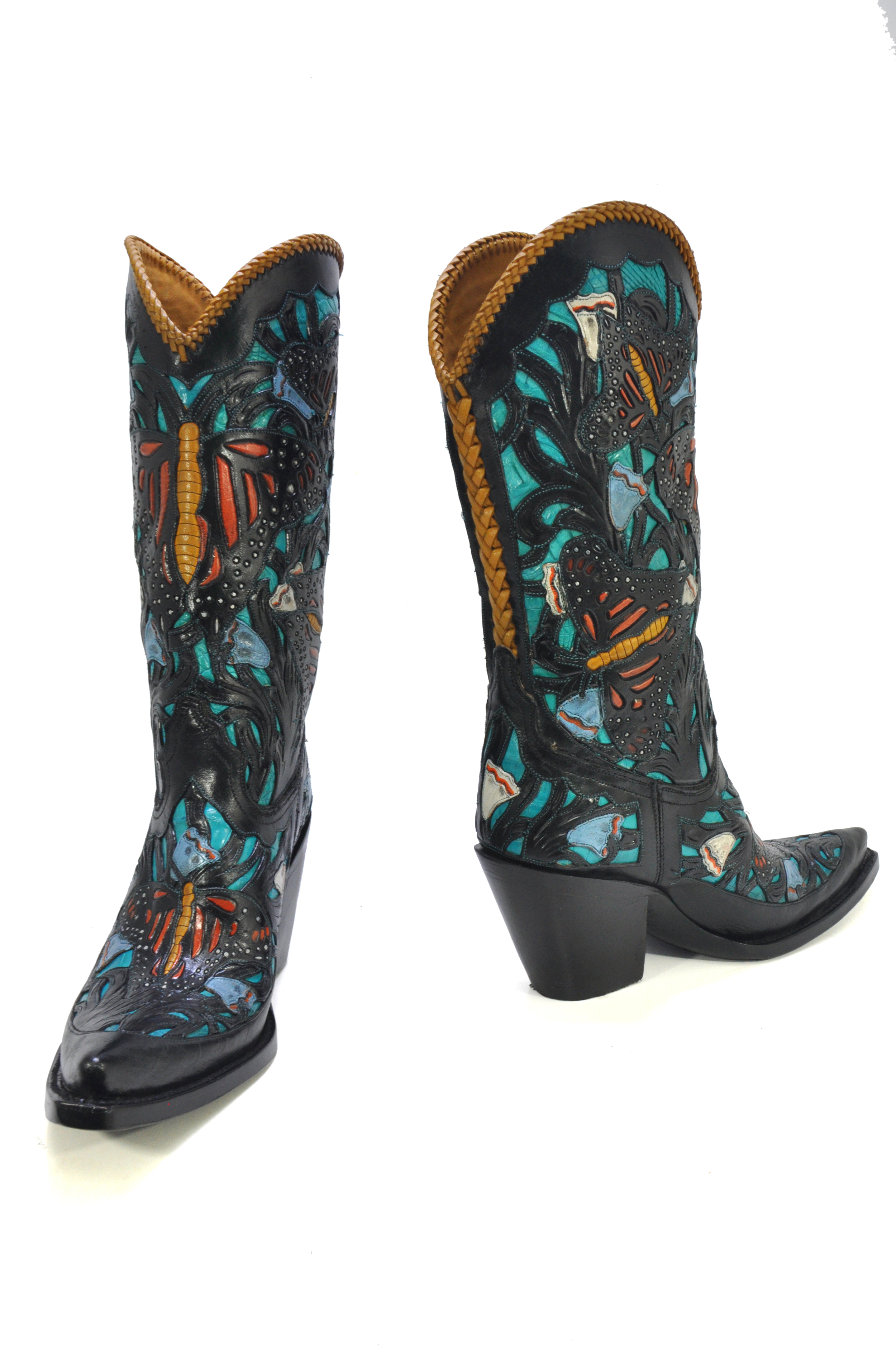 Caiman Monarch features hand tooling, cutouts, overlay, hand painting, braiding, and caiman belly underlay! This is a sexy full featured boot.