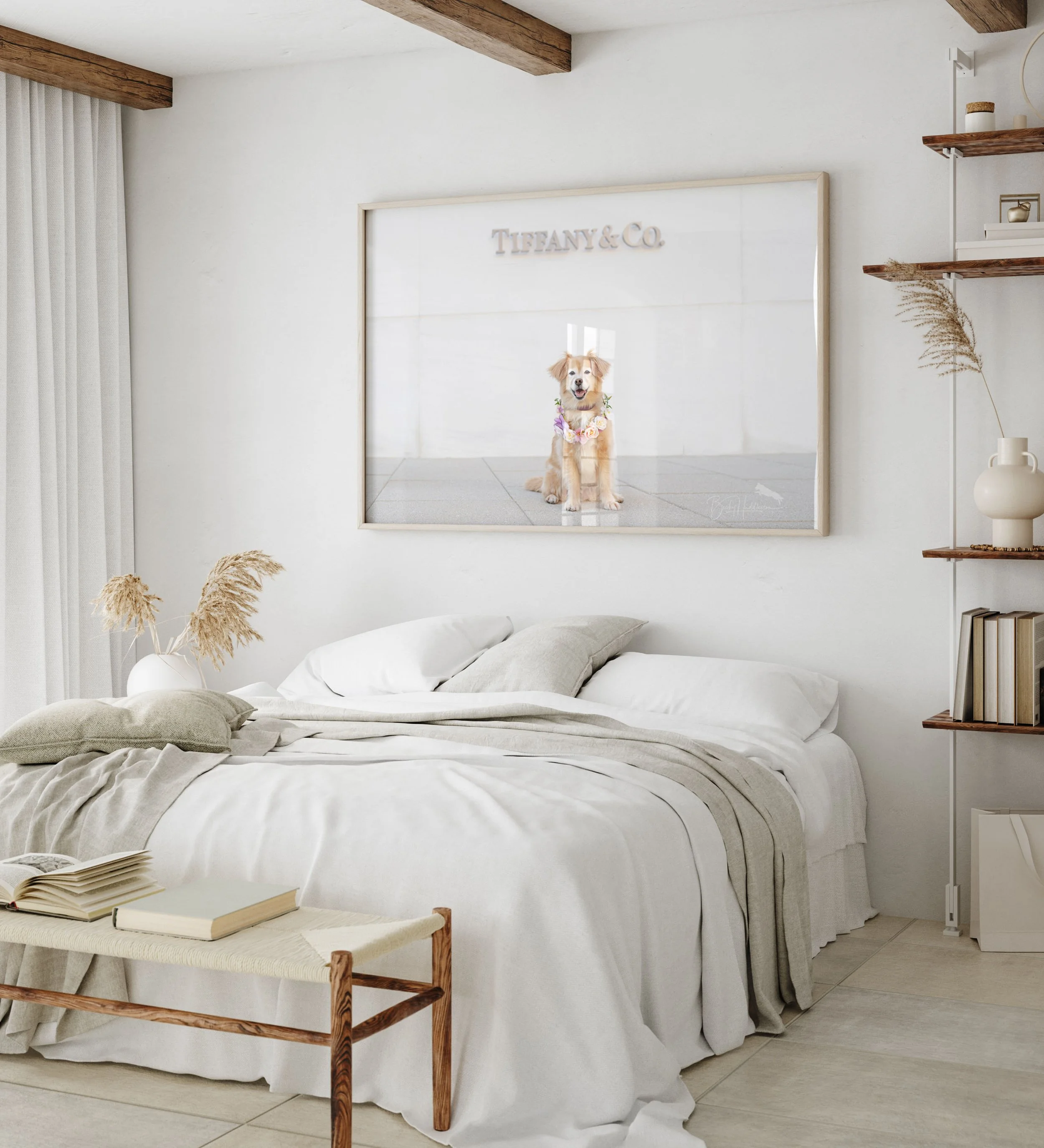 White bedroom with framed dog portrait