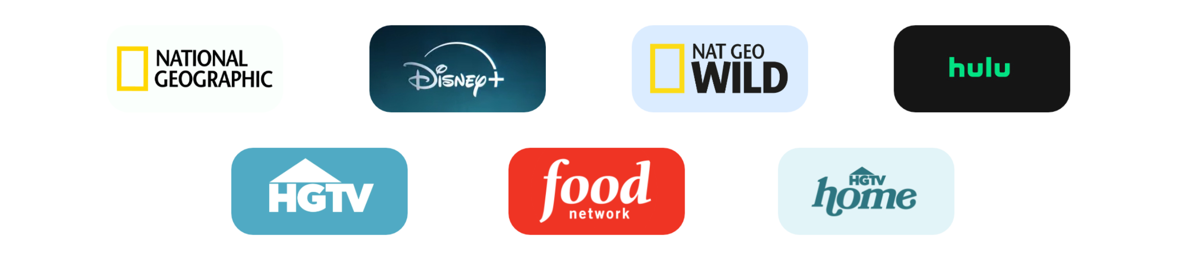 A collection of streaming service logos including National Geographic, Disney+, Nat Geo WILD, Hulu, HGTV, Food Network, and HGTV Home, arranged in two rows with four logos on top and three on the bottom.