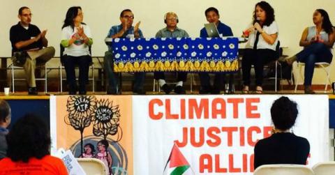 OPENING PLENARY TO KICK OFF THE NATIONAL CONVENING PICTURING ANTONIO DIAZ, PODER; PAM TAU LEE; JOSE BRAVO, JTA; LIPO CHANTHANASAK, APEN; TORM NOMPRASEURT--INTERPRETOR; CINDY WEISENER, GGJ; JIHAN GEARON, BMWC. PHOTO COURTESY OF PEOPLE ORGANIZED TO WIN EMPLOYMENT RIGHTS - SEE MORE AT: HTTP://PORTSIDE.ORG/2014-08-06/FRONT-LINES-CLIMATE-CRISIS-GATHERING-CALLS-NEW-ECONOMY#STHASH.FRAQ9W6D.DPUF