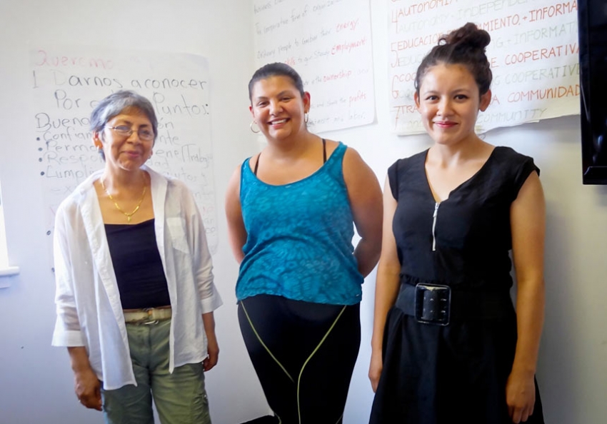 L TO R: ANGELINA CAZARES OF GOLDEN STEPS ELDER CARE CO-OP, AND DANIELA SALAZAR AND YASMIN GONZALEZ OF SI SE PUEDE. (COURTESY OF BEVERLY JUDGE)
