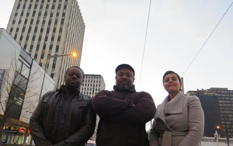 French Organizers Eros Sana (left) and Fatima Idhammou (right) with Kali Akuno (middle) during a "people to people, community to community" exchange Last Wednesday in the city of Sarcelles, France