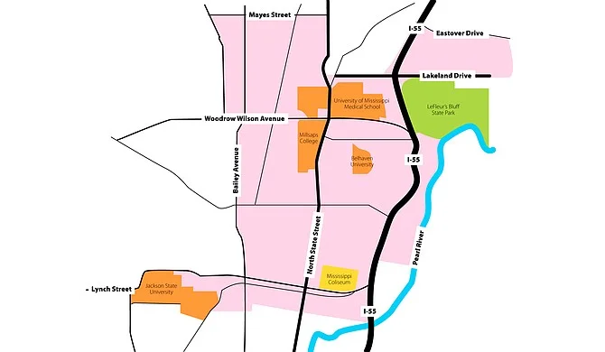 The Capitol Complex project will benefit a large section of downtown, as well as the University of Mississippi Medical Center, Jackson State University, Fondren and Belhaven. Affected areas are colored in pink. Photo courtesy Kristin Brenemen
