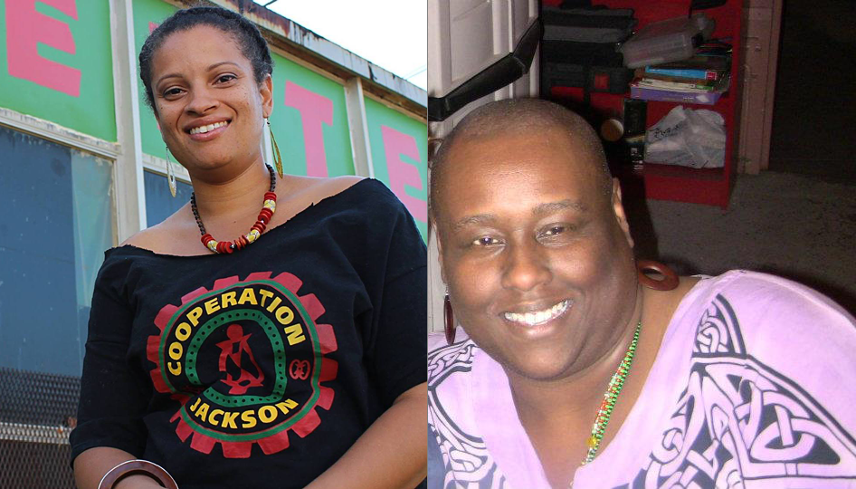 Sacajawea "Saki" Hall (left), of Cooperation Jackson, interviewed by Los Angeles-based activist-author Thandisizwe Chimurenga (right).