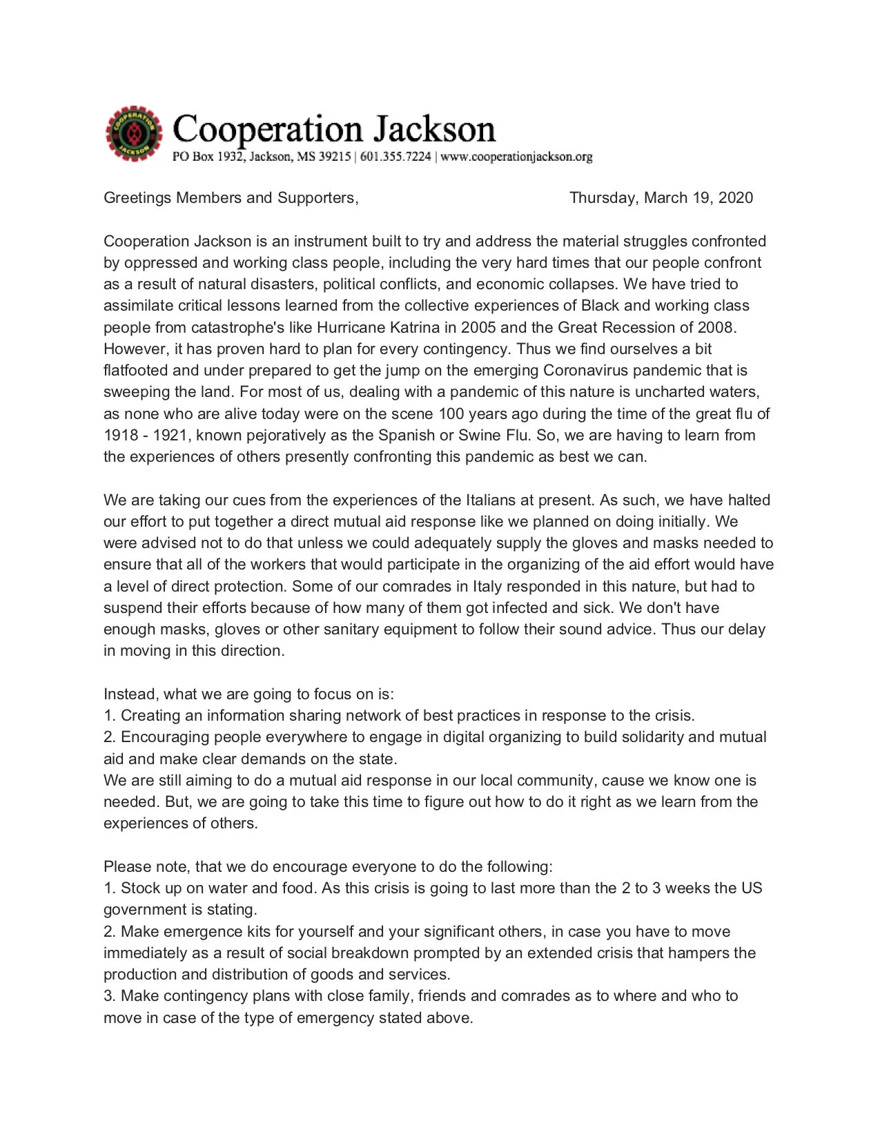 COVID-19 Response Statement 3.19.20