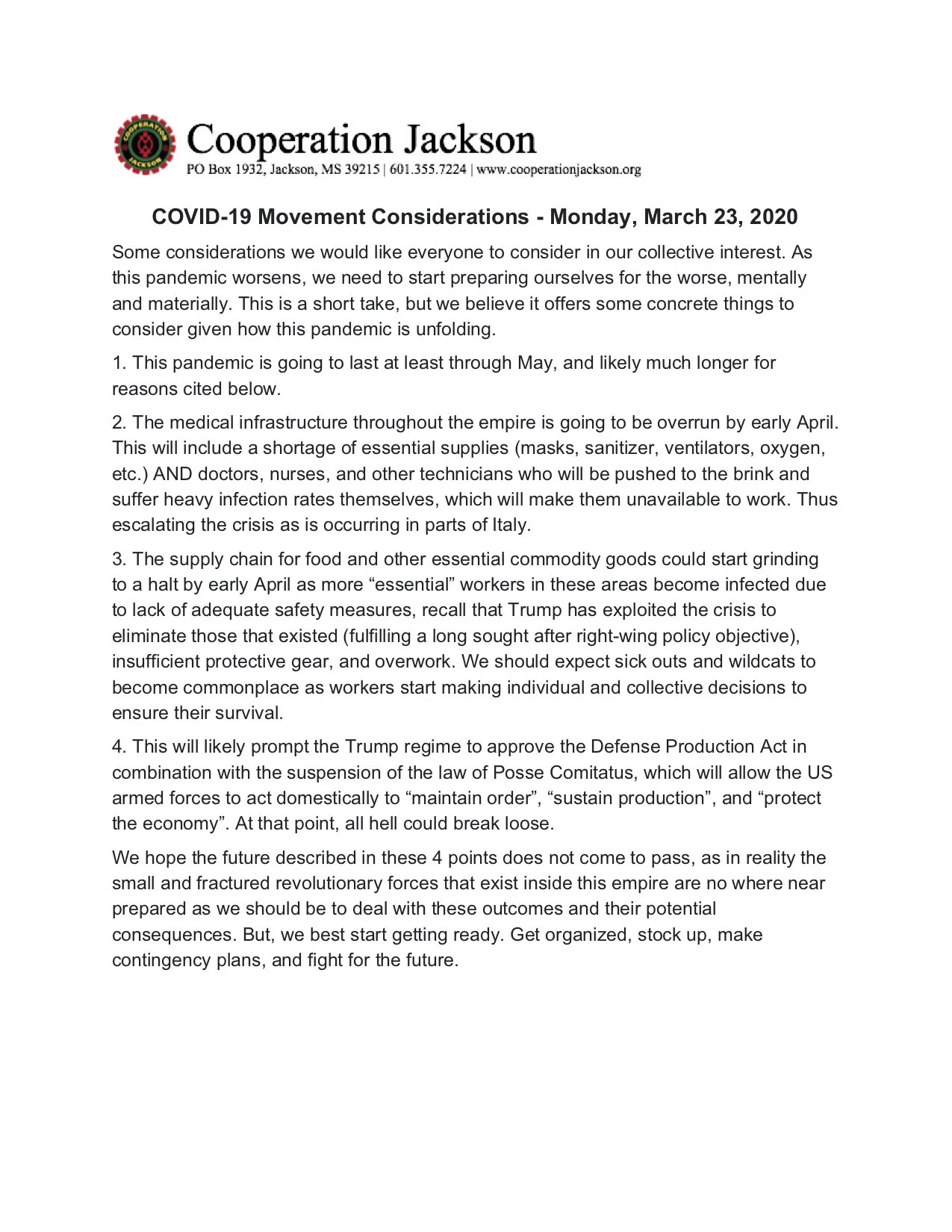 COVID-10 Movement Considerations - Monday, March 23, 2020