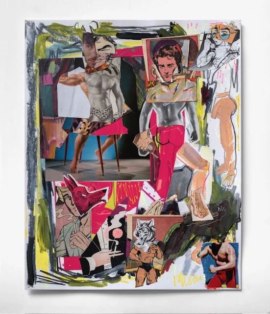 Party-Line (pink), Mixed media and collage on paper. 14 in x 17 in