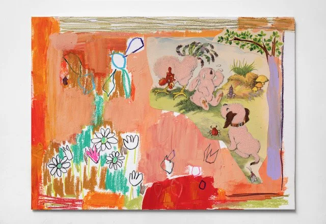 Pink Bunny, Mixed media and collage on paper. 19 in x 15 in