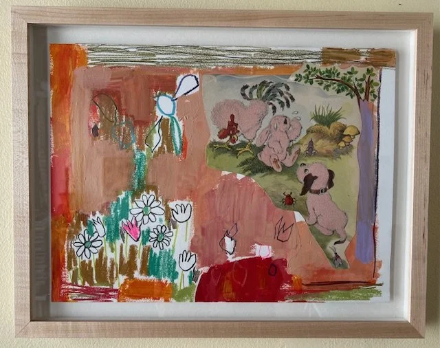    Pink Bunny,   2025,     collage and mixed media on paper, 19 x 15 framed, $1,100  