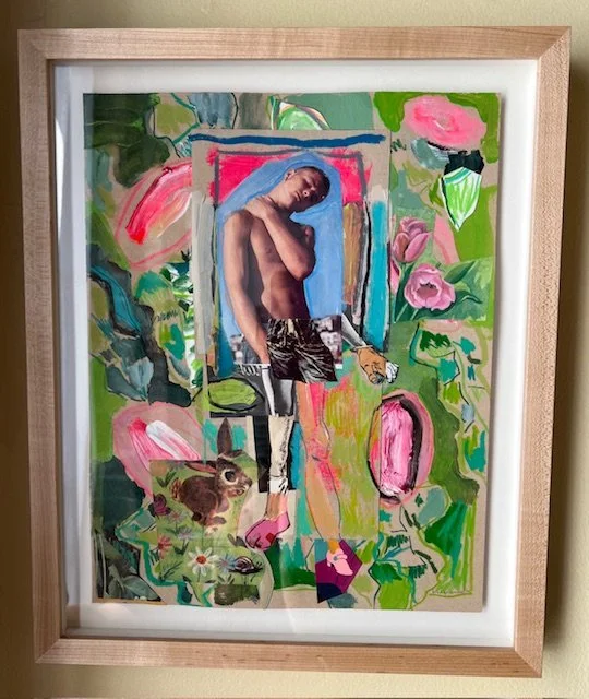    Hustler Pink,   2025, collage and mixed media on paper, 14 x 17 framed, $975  