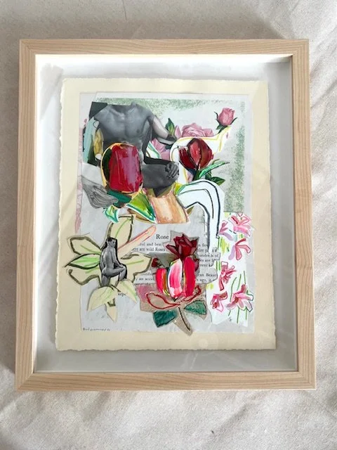    Wild Roses,   2025, collage and mixed media on paper, 13 x 15 1/2 framed, $850 