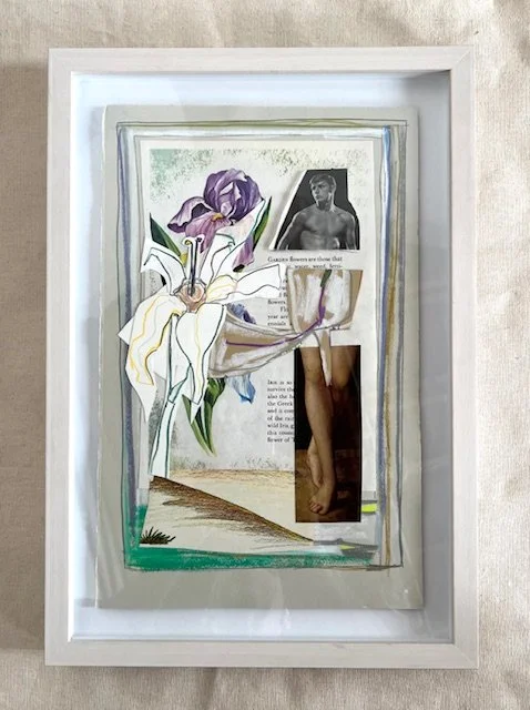    Garden Flowers,&nbsp;  2025, collage and mixed media on paper, 13 x 18  3⁄4  framed, $975 