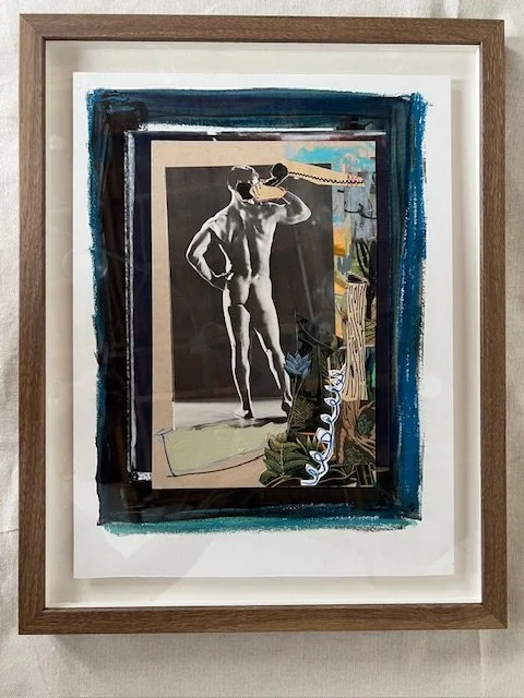    Party-Line (midnight),   2025, mixed media and collage on paper. 14 1⁄4 in x 19 1⁄4 in $900 