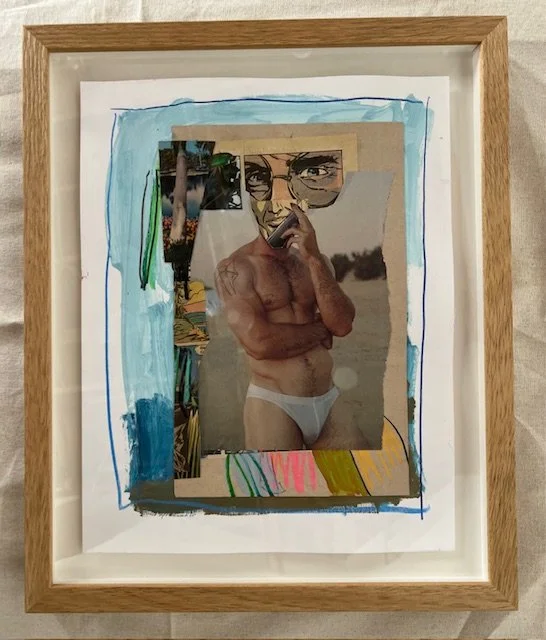    Party-Line (blue),   2025,     mixed media and collage on paper.  14 1⁄8 in x 17 1⁄8 in $850  