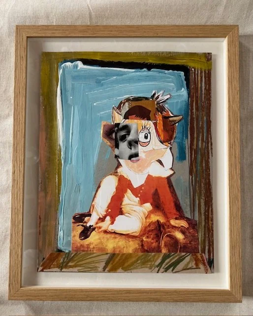    Boy With Horn,   2025,      mixed media and collage on paper.  14 1⁄8 in x 17 1⁄8 in  $850 