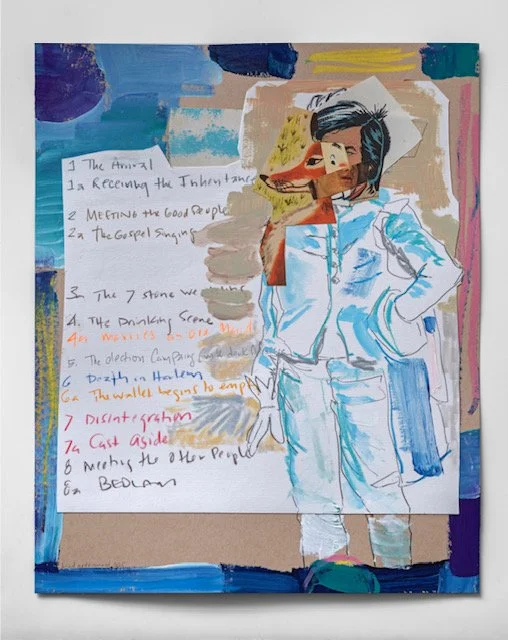    The Drinking Scene,   2025,      mixed media and collage on paper.  14 in x 17 in $750  