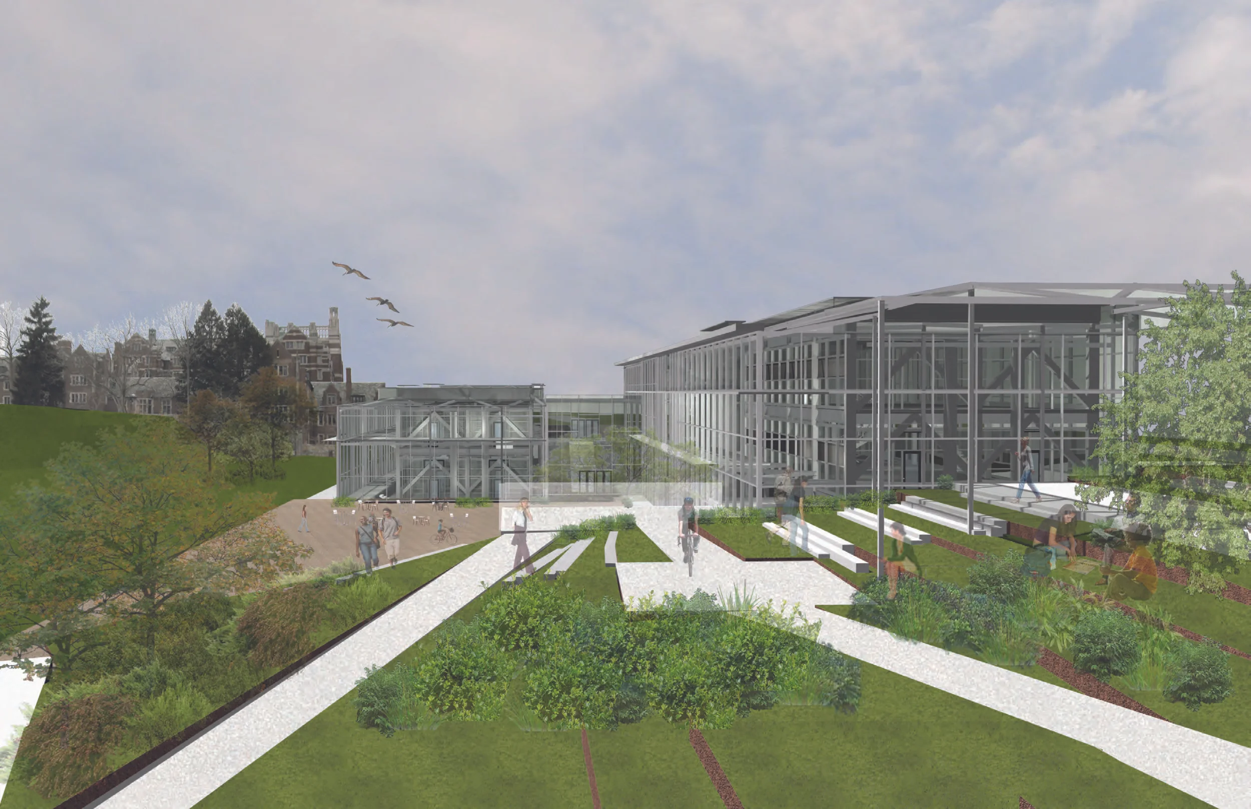   perspective rendering of building and pathway along site  