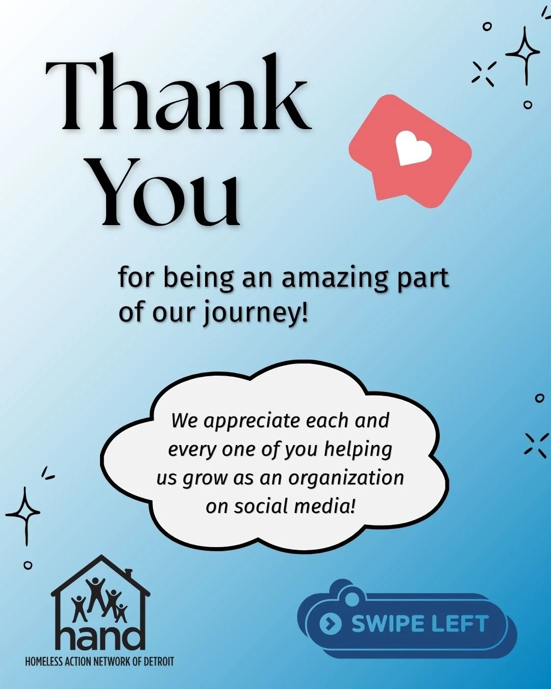 Happy Friday! Today we want to thank everyone for helping us grow as an organization and get your feedback. Comment below or DM us to tell us what you might want to learn more about!

#ThankYouForYourSupport #WeWantYourFeedback #HomelessActionNetwork