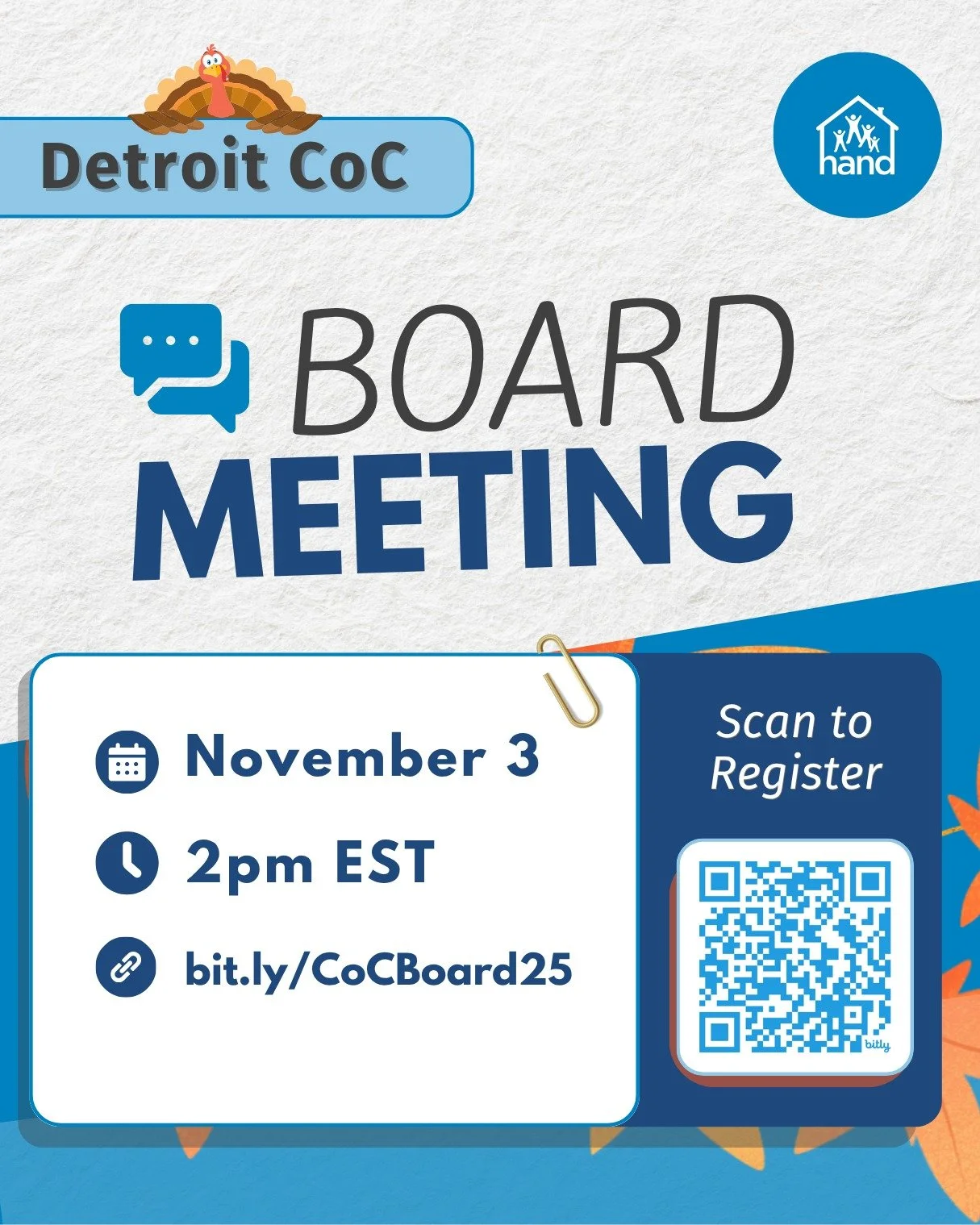 Join us at the next board meeting to receive Detroit CoC updates. Register by scanning the QR code or at bit.lyCoCBoard25 (link in profile)