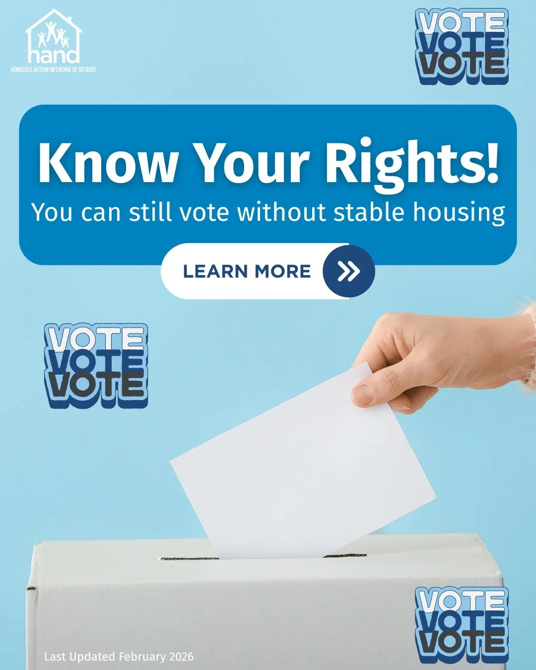 Did you know that you don't need stable housing to register to vote in Michigan? With big elections coming up in August and November, check out these slides to figure out how you can exercise your right to vote! 

#VotingRights #RegisterToVote #KnowY