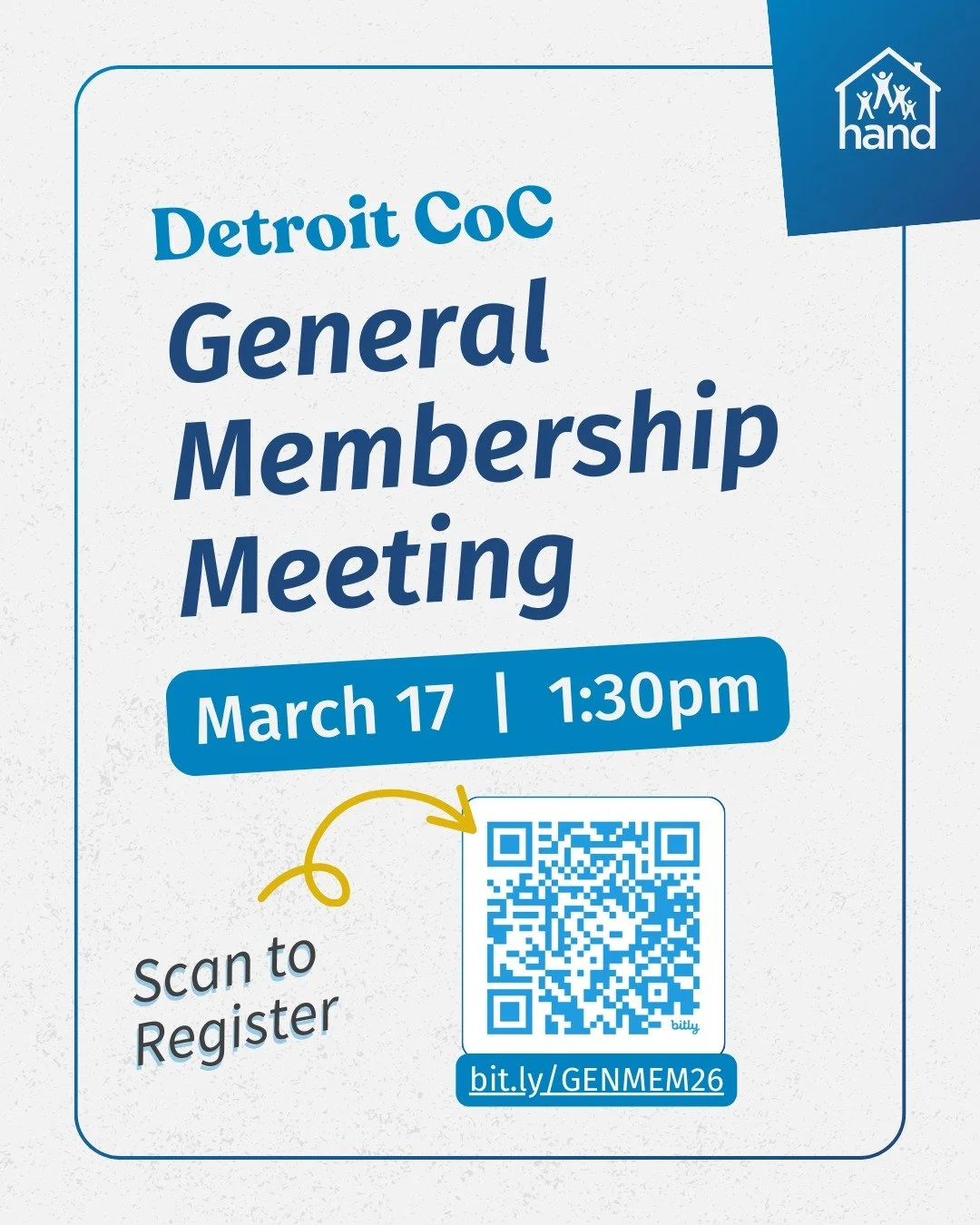 Join us for our next Detroit CoC General Membership. Membership meetings are held quarterly and provide a space for the community to receive updates about policy, funding opportunities, and upcoming projects in the system. 

Register by scanning the 