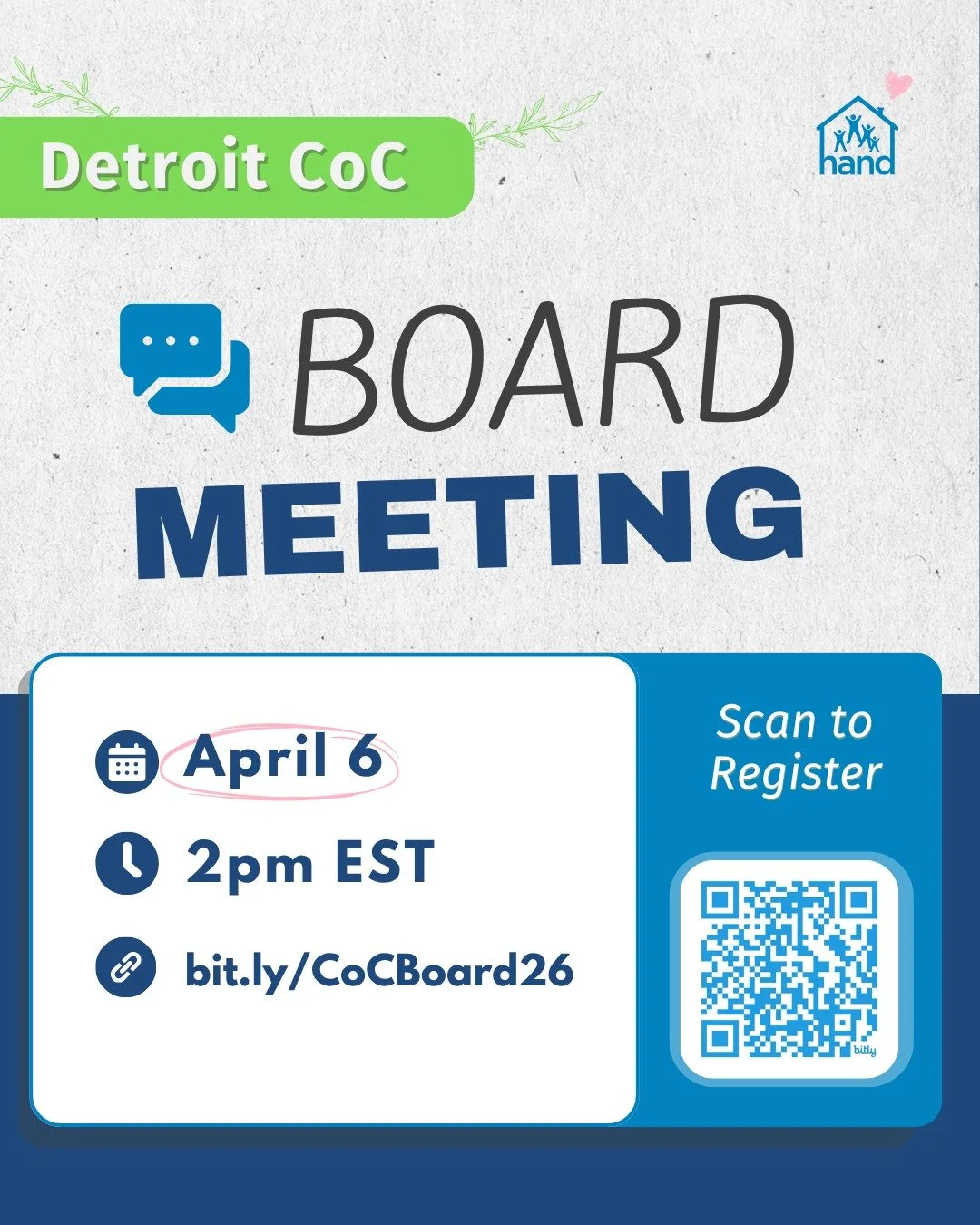Join us at the next Detroit CoC Board meeting April 6 at 2pm. These meetings are an opportunity for the community to receive systems-level updates, offer feedback on current initiatives and programs, and learn about the homeless service system.