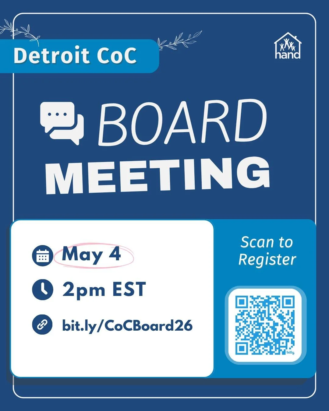 Join us at the next Detroit CoC Board meeting May 4 at 2pm. These meetings are an opportunity for the community to receive systems-level updates, offer feedback on current initiatives and programs, and learn about the homeless service system. Registe