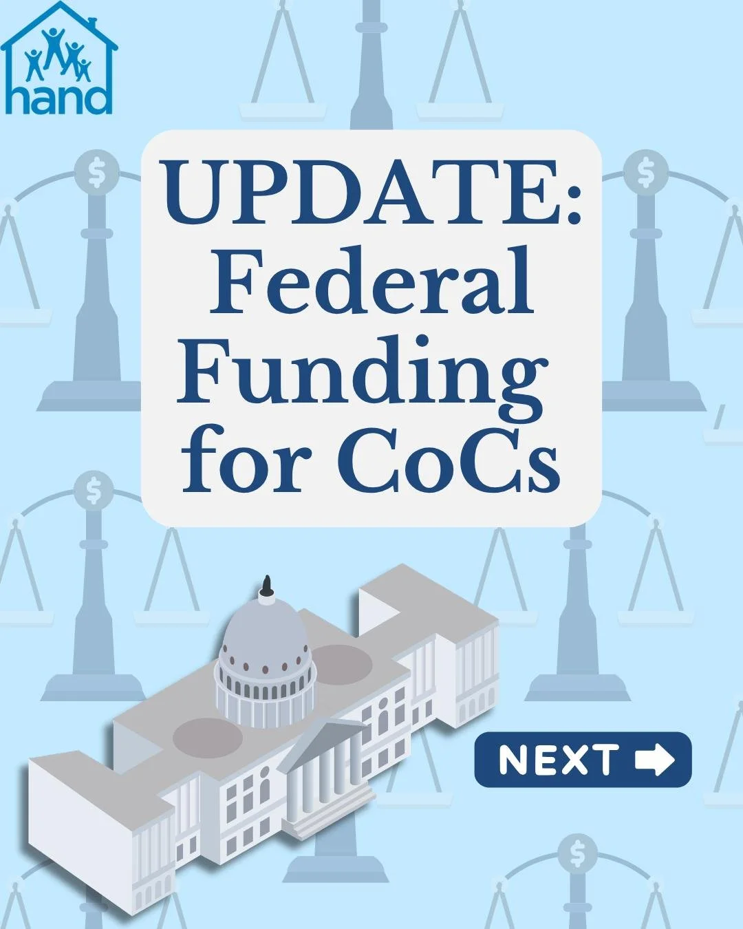 A lot's been going on with federal funding for CoCs across the country. Swipe through to learn about what's going on and how HAND is responding and preparing. 

#FederalFunding #homelessresponsesystem #Congress #Update