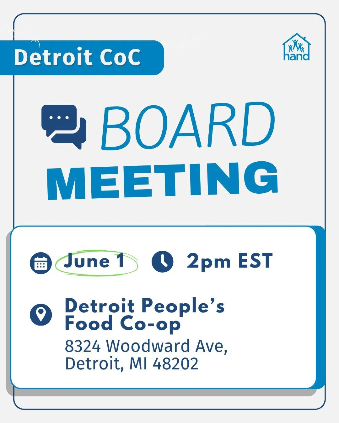 Join us at the next in-person Detroit CoC Board meeting on June 1. These meetings are an opportunity for the community to receive systems-level updates, offer feedback on current initiatives and programs, and learn about the homeless service system.

