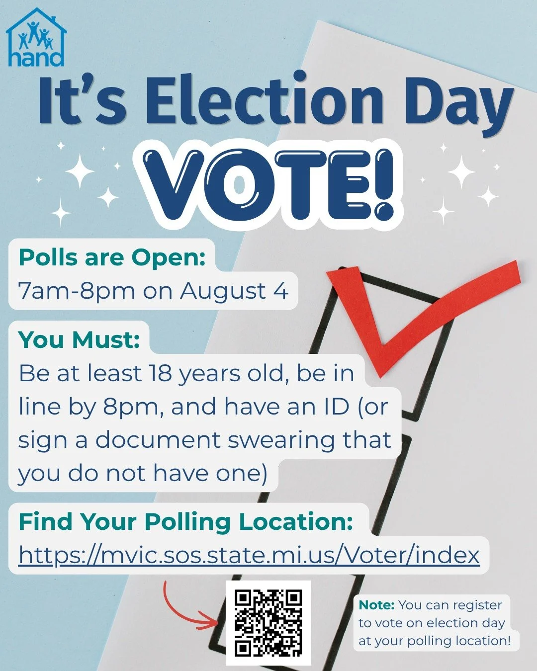 Hey Michiganders, it's Election Day! Time to make your voice heard. Make sure you are in line at a polling location by 8pm today so you can cast your ballot. For more information, visit the Michigan Secretary of State website or scan the QR code on t