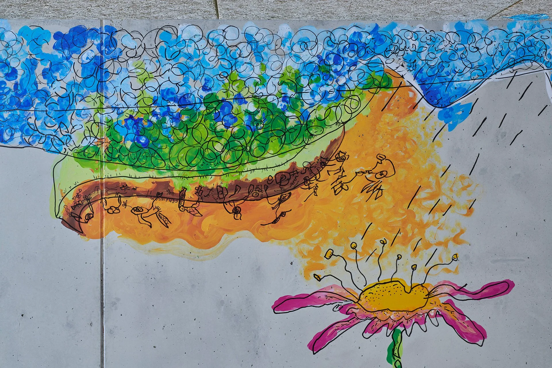 Whimsical chalk mural on concrete shows tiny figures crossing an orange leaf-shaped path beneath blue and green foliage, beside a large pink flower.