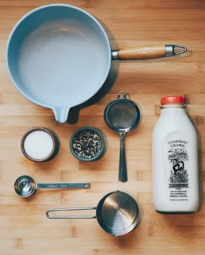 Gather your Ingredients. Yields 2 servings – 1 C spring water 1 C whole milk 1 T l&f chai blend 1-2 T unrefined sugar (or to taste)