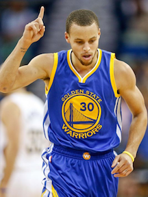 Steph Curry with his signature practice of pointing his index finger upward as both an outward and internal reminder that God gets all the glory for his success.