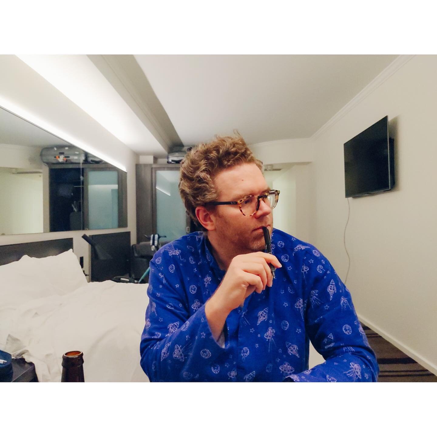 I love this one from my #Writershour project. This is Andrew, who had just returned to Australia and was in quarantine in a hotel for two weeks. He wore his pyjamas especially for me! I love the signs of covid quarantine life: the anonymous hotel roo