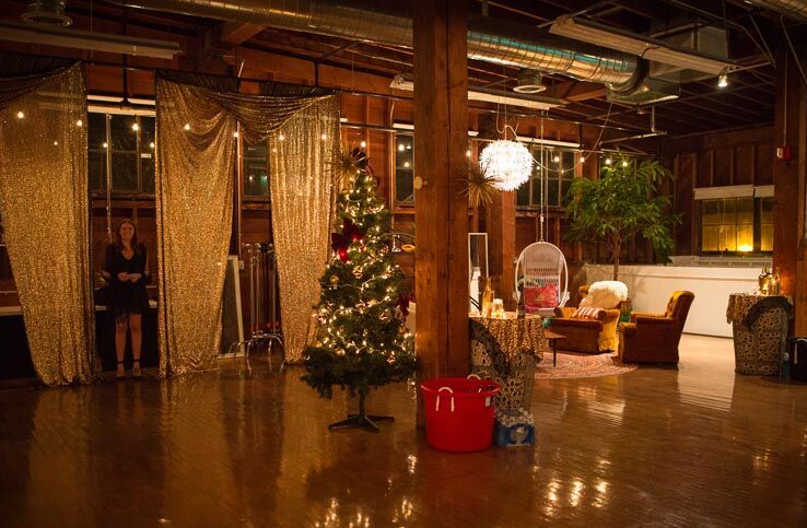 The Narrative decorated in glitter and gold for a business Christmas party.