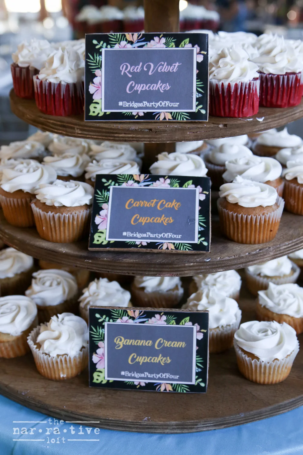 Adorable vintage Hawaiian labels added extra flair to the cup cake display.
