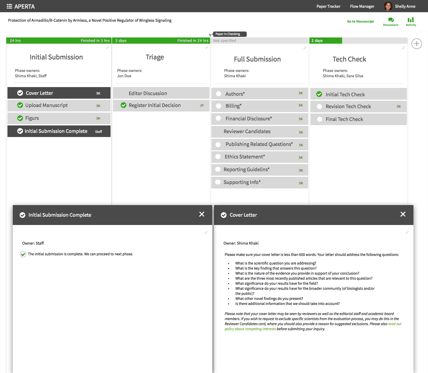 Workflow page, ideation spike. Showing a timeline, phases of publication, where the given paper is in the publication process, allowing users to open and work on multiple cards at the same time.